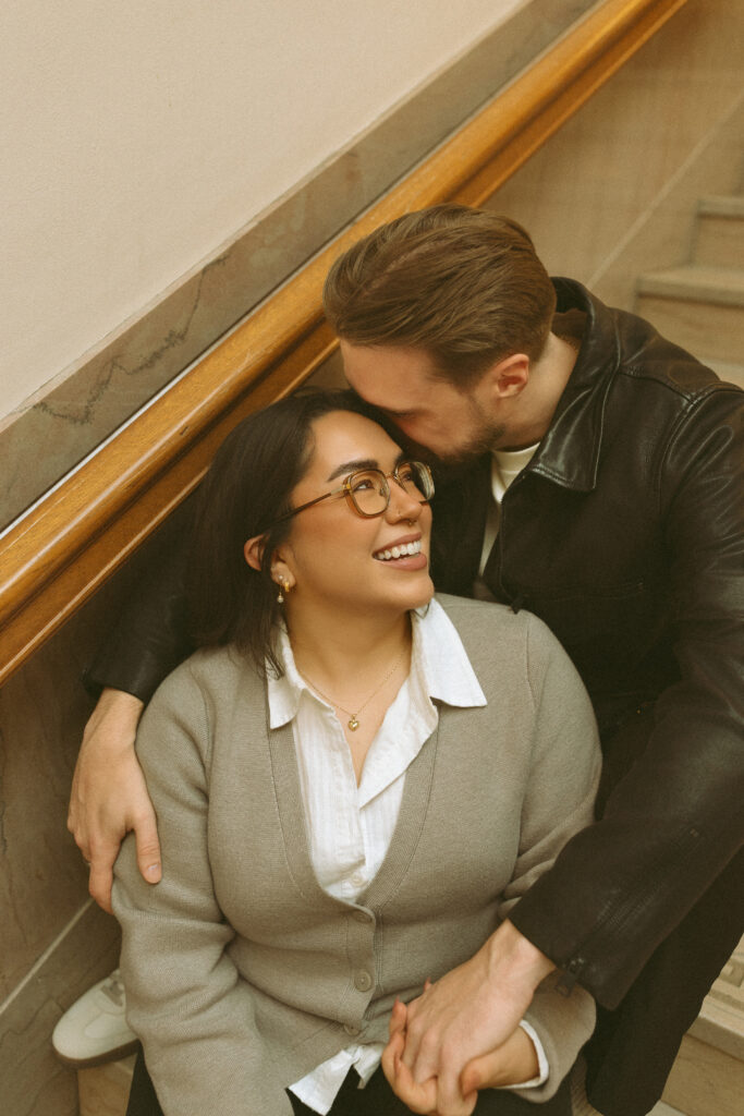 Romantic engagement session at Multnomah County Central Library in Portland